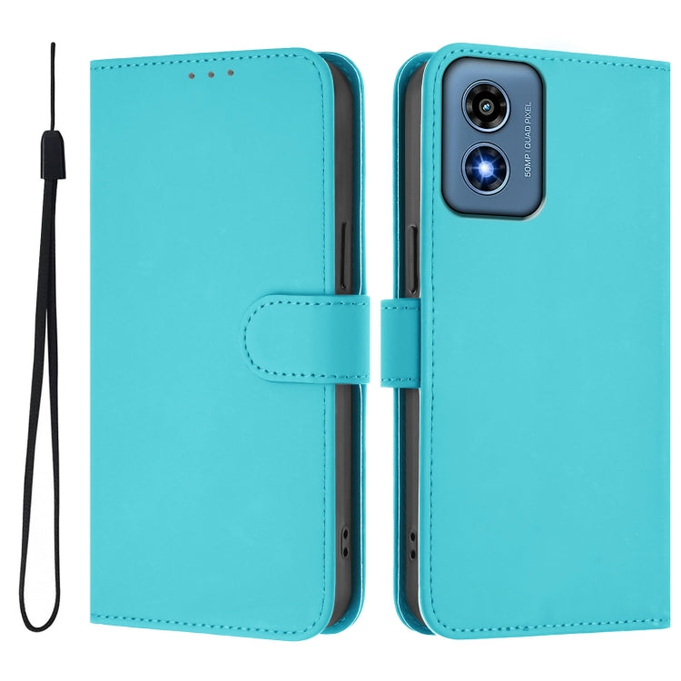 For Motorola Moto G Play 4G 2024 Global Skin Feel Solid Color Leather Phone Case with Lanyard