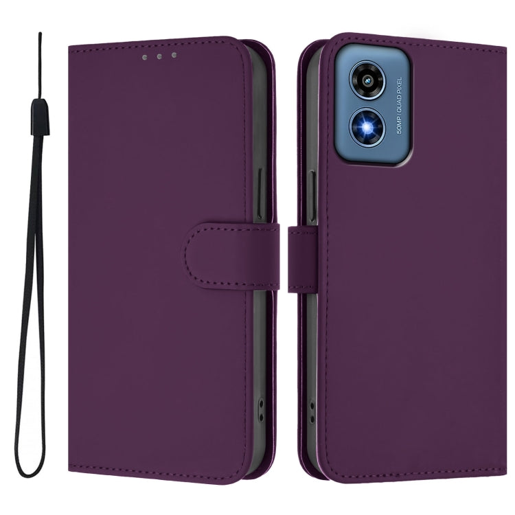 For Motorola Moto G Play 4G 2024 Global Skin Feel Solid Color Leather Phone Case with Lanyard