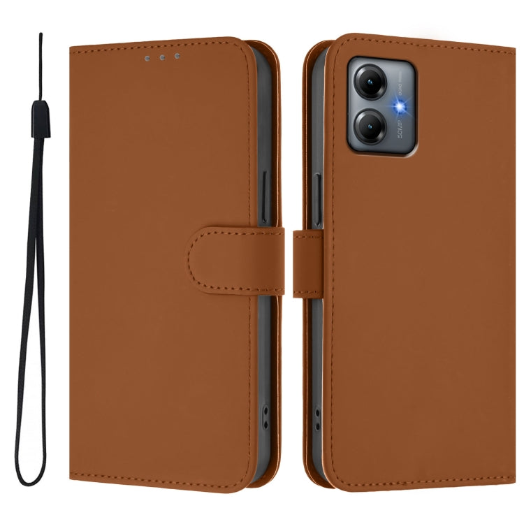 For Motorola Moto G14 4G Skin Feel Solid Color Leather Phone Case with Lanyard