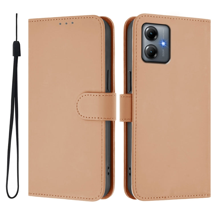 For Motorola Moto G14 4G Skin Feel Solid Color Leather Phone Case with Lanyard