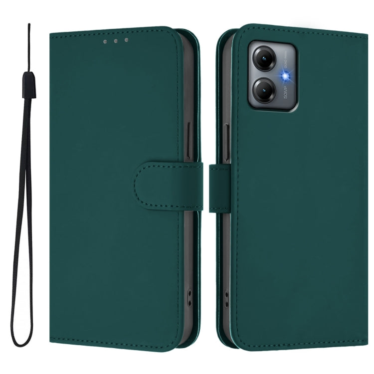 For Motorola Moto G14 4G Skin Feel Solid Color Leather Phone Case with Lanyard