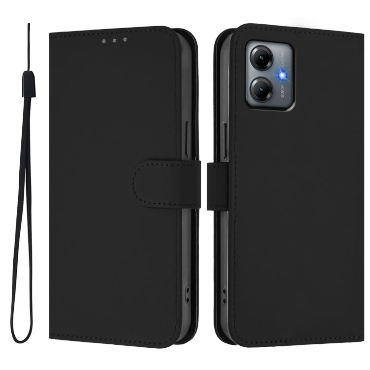For Motorola Moto G14 4G Skin Feel Solid Color Leather Phone Case with Lanyard
