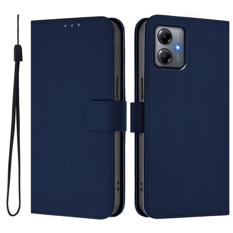 For Motorola Moto G14 4G Skin Feel Solid Color Leather Phone Case with Lanyard