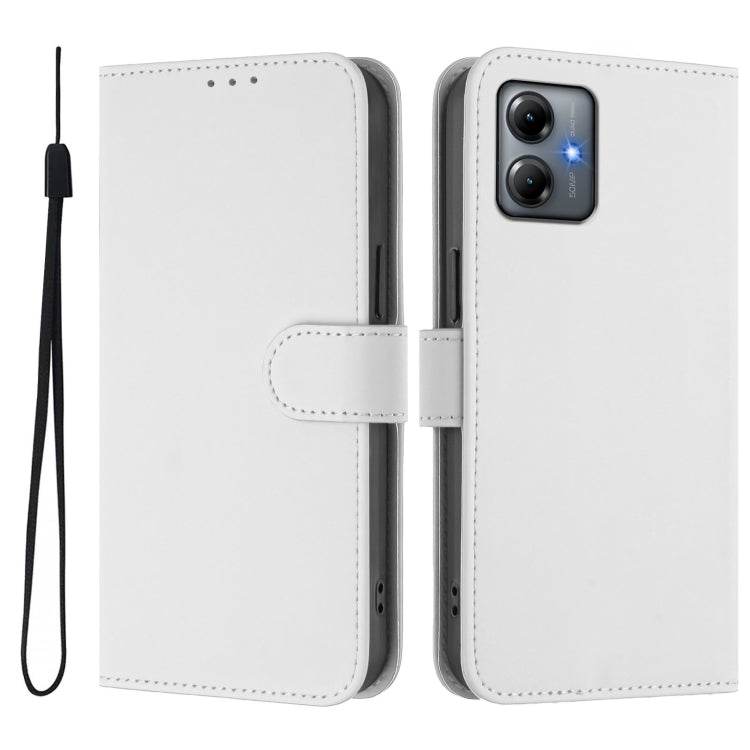 For Motorola Moto G14 4G Skin Feel Solid Color Leather Phone Case with Lanyard