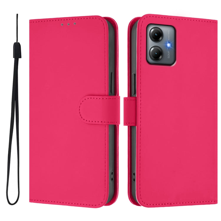 For Motorola Moto G14 4G Skin Feel Solid Color Leather Phone Case with Lanyard