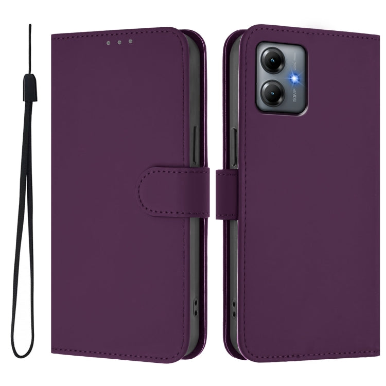 For Motorola Moto G14 4G Skin Feel Solid Color Leather Phone Case with Lanyard