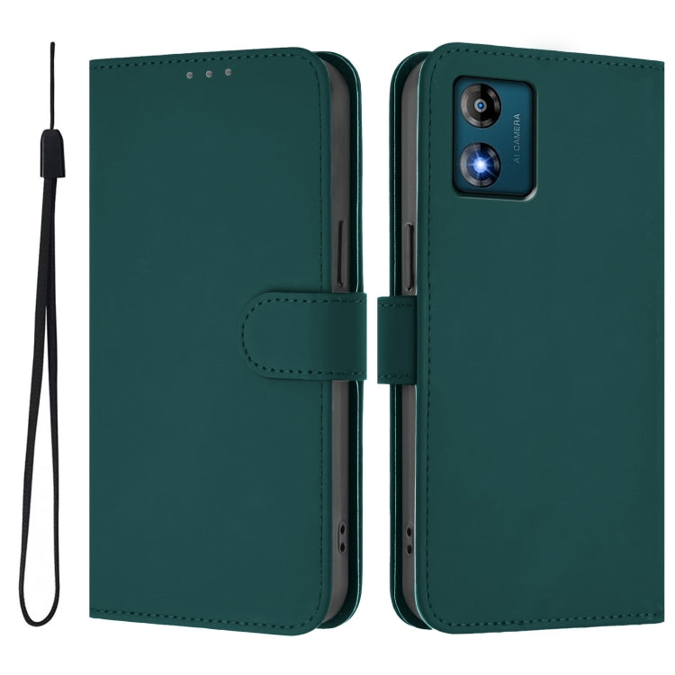 For Motorola Moto E13 Skin Feel Solid Color Leather Phone Case with Lanyard