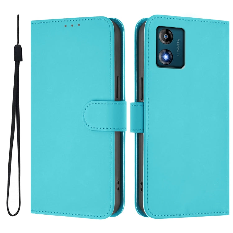 For Motorola Moto E13 Skin Feel Solid Color Leather Phone Case with Lanyard