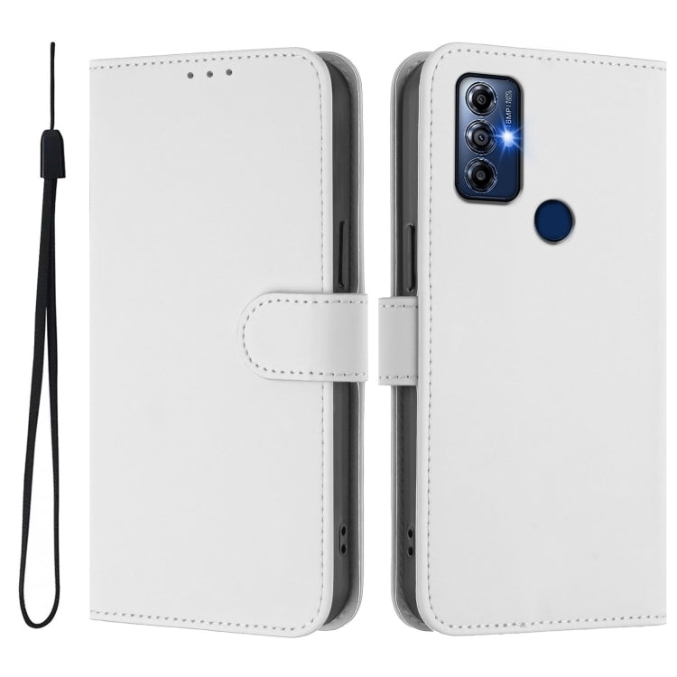 For Motorola G Pure / Moto G Play 2023 Skin Feel Solid Color Leather Phone Case with Lanyard