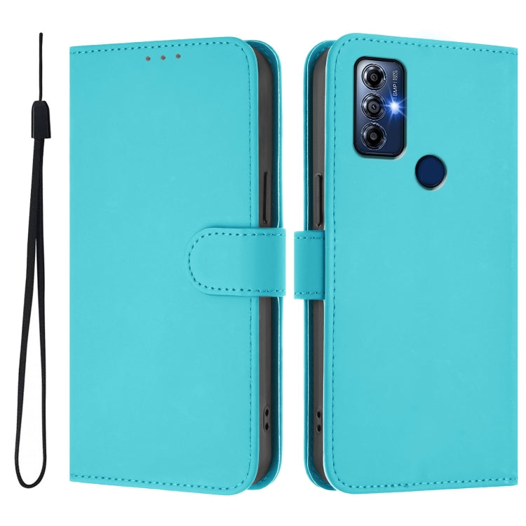 For Motorola G Pure / Moto G Play 2023 Skin Feel Solid Color Leather Phone Case with Lanyard
