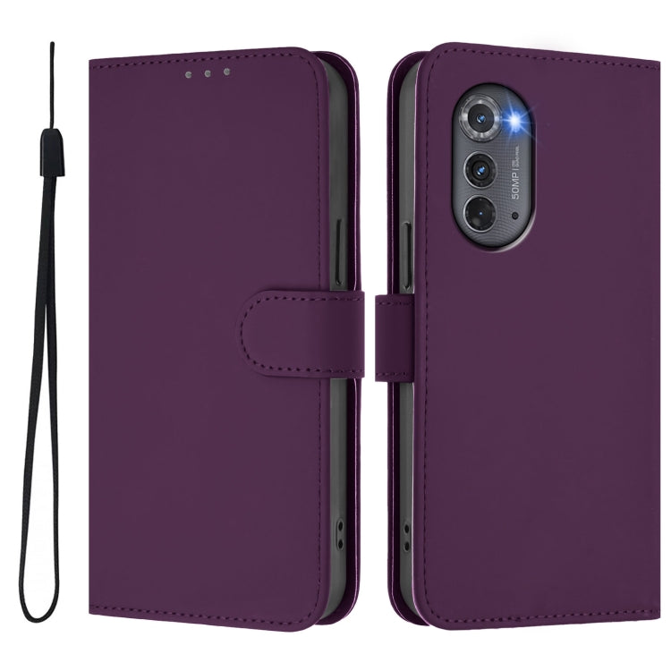 For Motorola Edge 2022 Skin Feel Solid Color Leather Phone Case with Lanyard