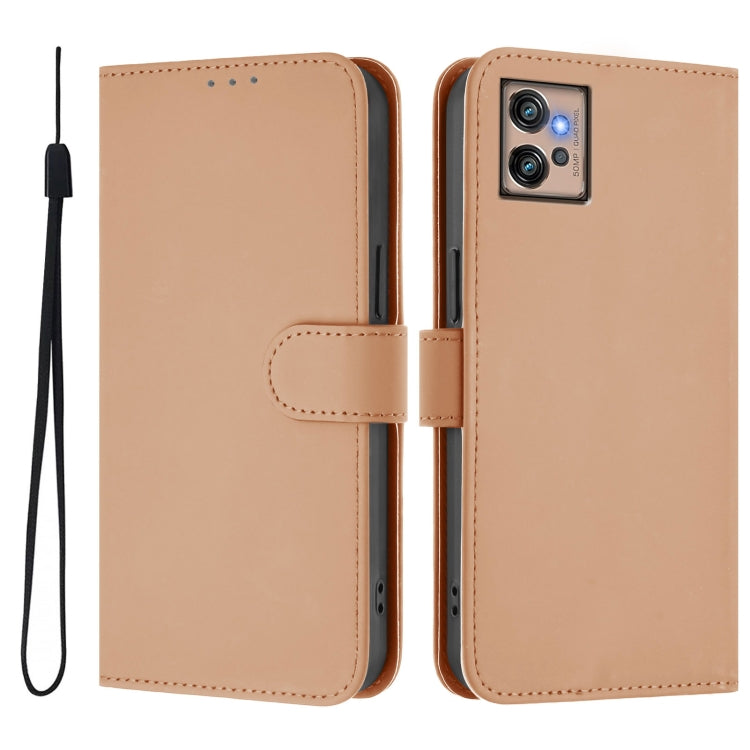 For Motorola Moto G32 Skin Feel Solid Color Leather Phone Case with Lanyard