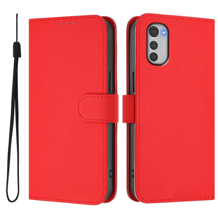 For Motorola Moto E32 4G Global Skin Feel Solid Color Leather Phone Case with Lanyard