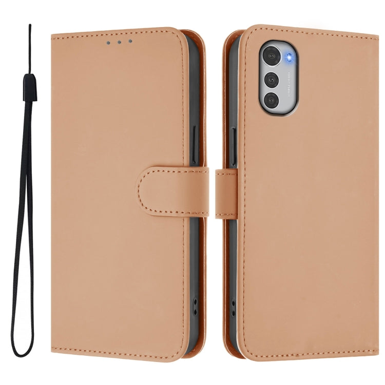 For Motorola Moto E32 4G Global Skin Feel Solid Color Leather Phone Case with Lanyard