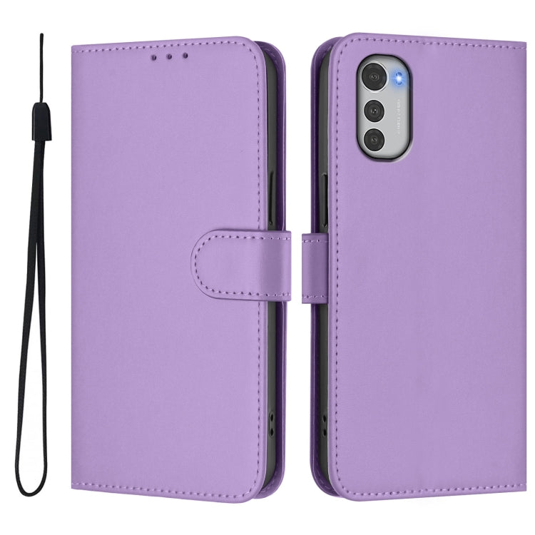 For Motorola Moto E32 4G Global Skin Feel Solid Color Leather Phone Case with Lanyard