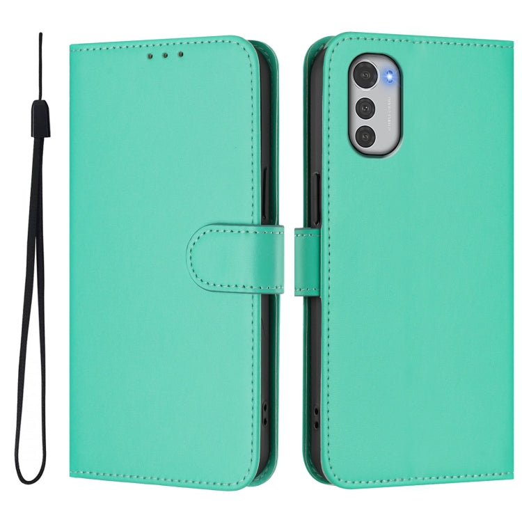 For Motorola Moto E32 4G Global Skin Feel Solid Color Leather Phone Case with Lanyard