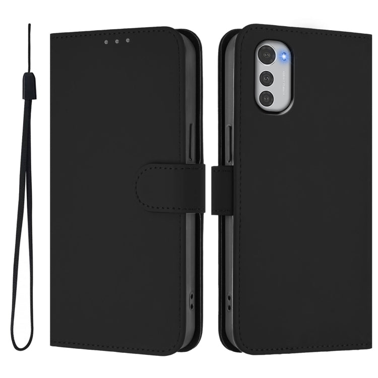 For Motorola Moto E32 4G Global Skin Feel Solid Color Leather Phone Case with Lanyard