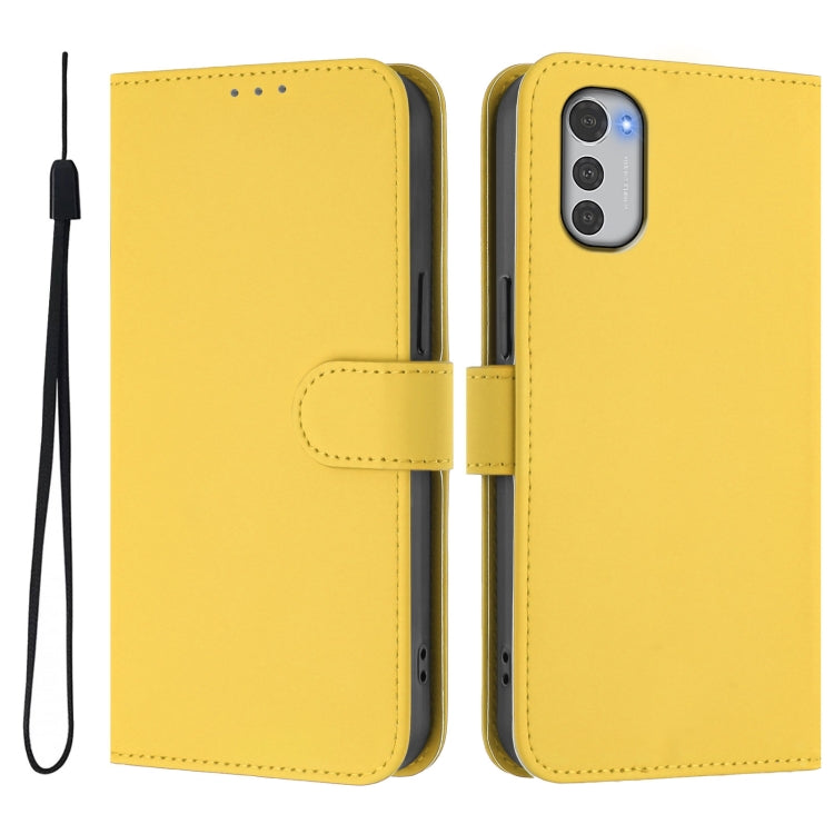 For Motorola Moto E32 4G Global Skin Feel Solid Color Leather Phone Case with Lanyard
