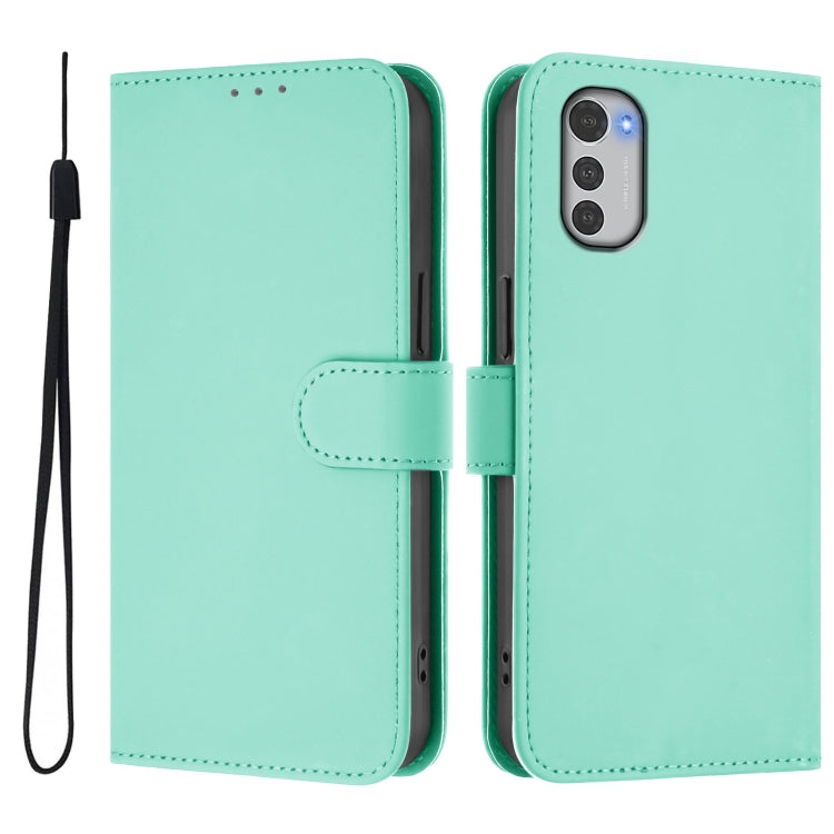 For Motorola Moto E32 4G Global Skin Feel Solid Color Leather Phone Case with Lanyard