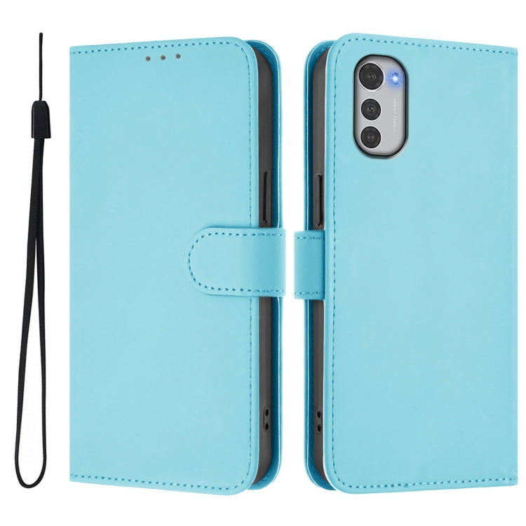 For Motorola Moto E32 4G Global Skin Feel Solid Color Leather Phone Case with Lanyard