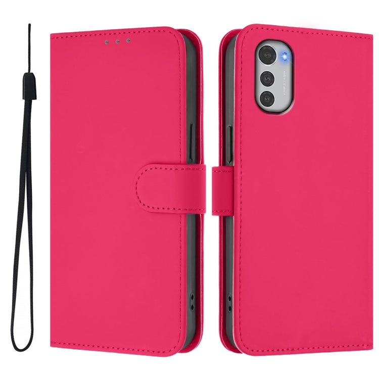 For Motorola Moto E32 4G Global Skin Feel Solid Color Leather Phone Case with Lanyard