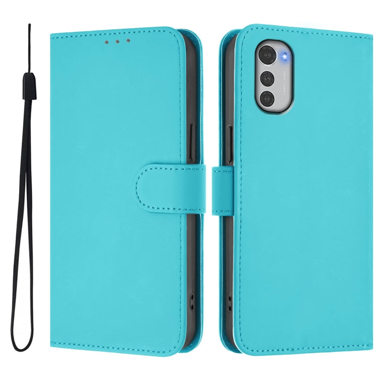 For Motorola Moto E32 4G Global Skin Feel Solid Color Leather Phone Case with Lanyard