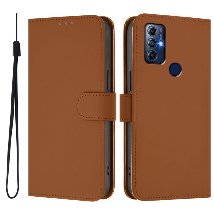 For Motorola Moto G Play 2022 Skin Feel Solid Color Leather Phone Case with Lanyard