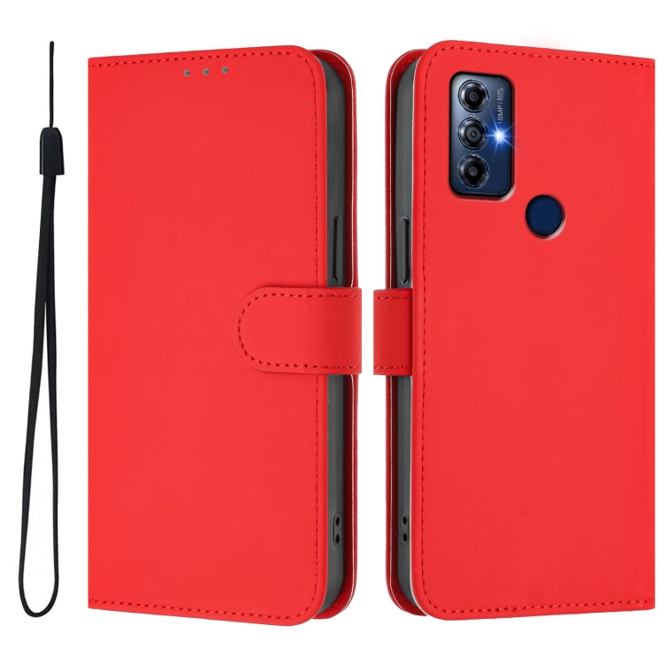 For Motorola Moto G Play 2022 Skin Feel Solid Color Leather Phone Case with Lanyard