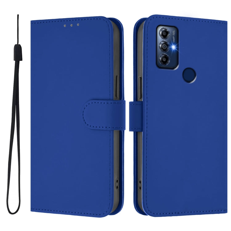 For Motorola Moto G Play 2022 Skin Feel Solid Color Leather Phone Case with Lanyard