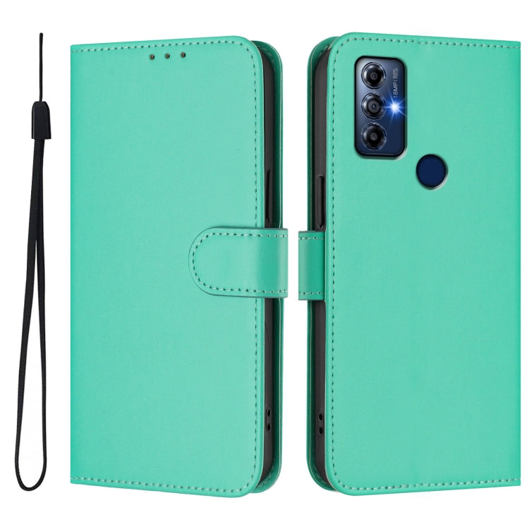 For Motorola Moto G Play 2022 Skin Feel Solid Color Leather Phone Case with Lanyard