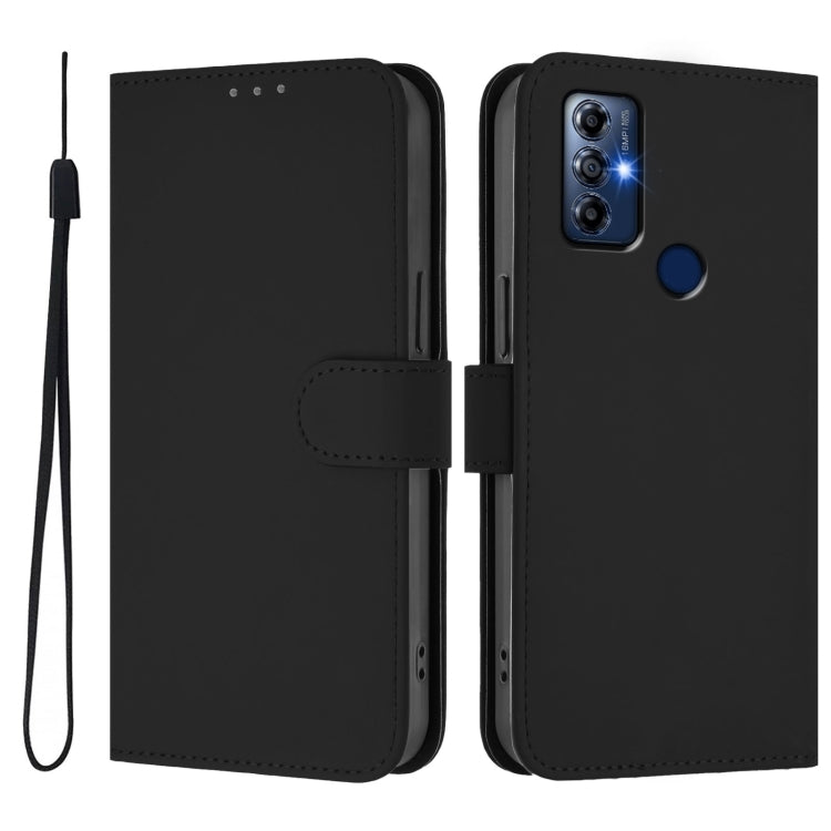 For Motorola Moto G Play 2022 Skin Feel Solid Color Leather Phone Case with Lanyard