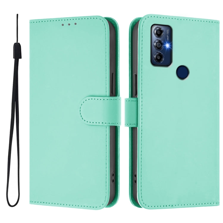 For Motorola Moto G Play 2022 Skin Feel Solid Color Leather Phone Case with Lanyard