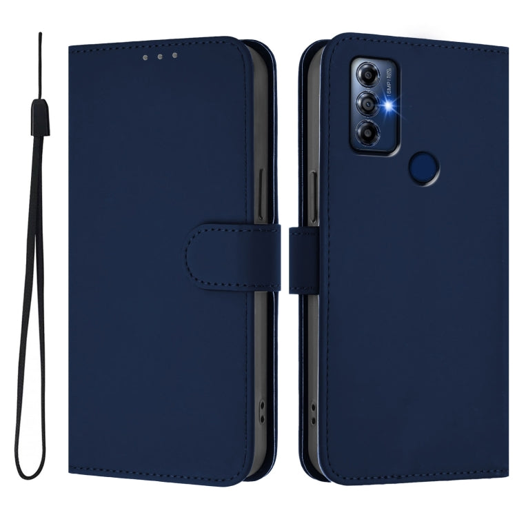 For Motorola Moto G Play 2022 Skin Feel Solid Color Leather Phone Case with Lanyard