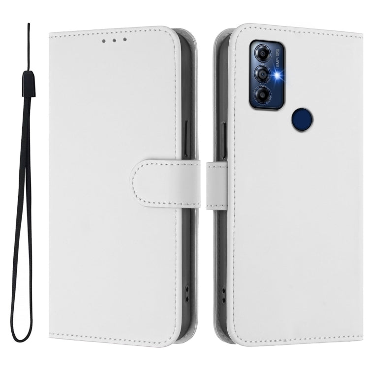 For Motorola Moto G Play 2022 Skin Feel Solid Color Leather Phone Case with Lanyard