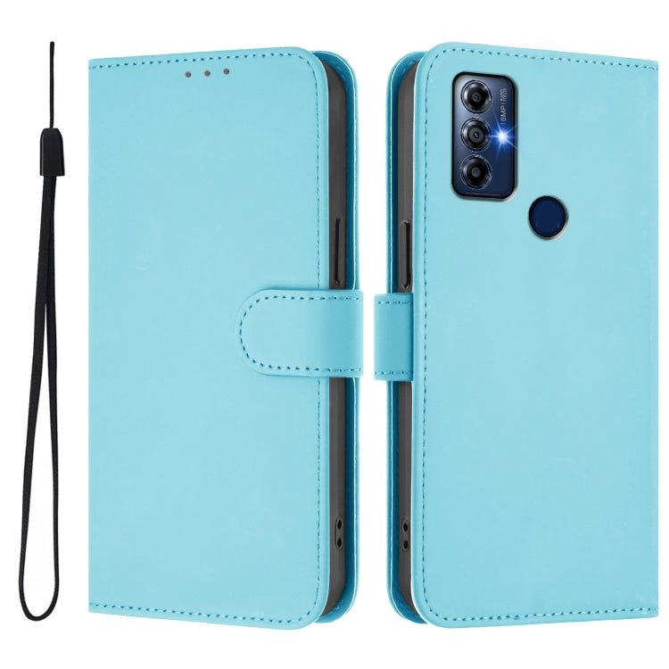 For Motorola Moto G Play 2022 Skin Feel Solid Color Leather Phone Case with Lanyard
