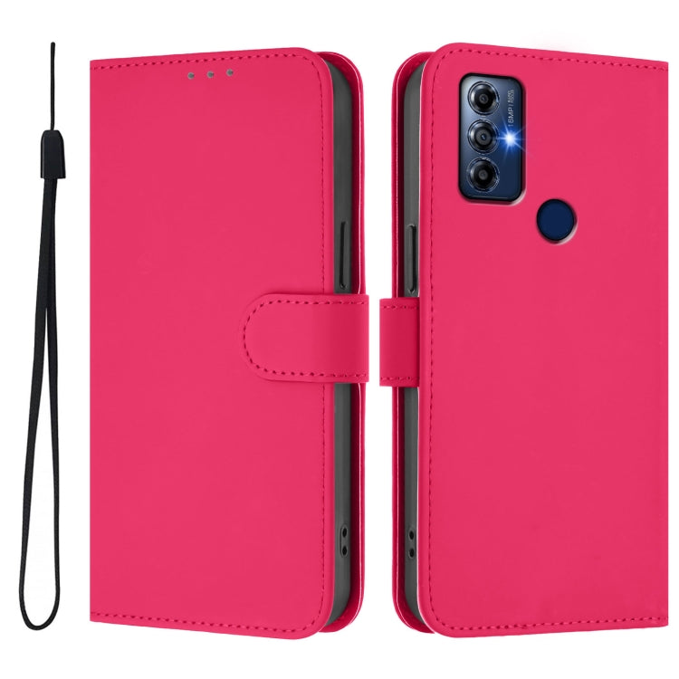 For Motorola Moto G Play 2022 Skin Feel Solid Color Leather Phone Case with Lanyard
