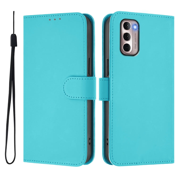 For Motorola Moto G Stylus 4G 2022 Skin Feel Solid Color Leather Phone Case with Lanyard