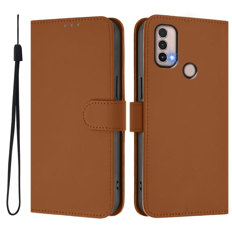 For Motorola Moto E20 / E30 / E40 Skin Feel Solid Color Leather Phone Case with Lanyard