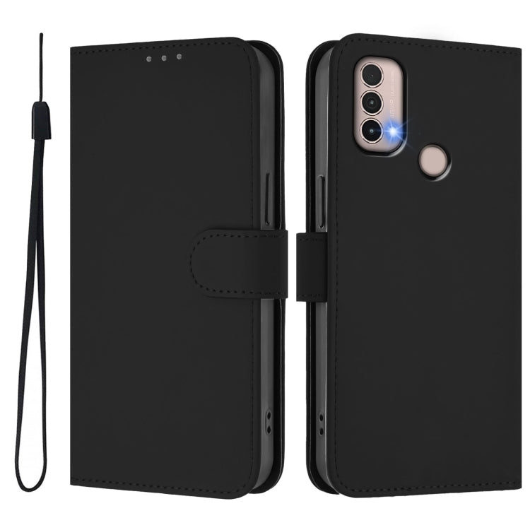 For Motorola Moto E20 / E30 / E40 Skin Feel Solid Color Leather Phone Case with Lanyard