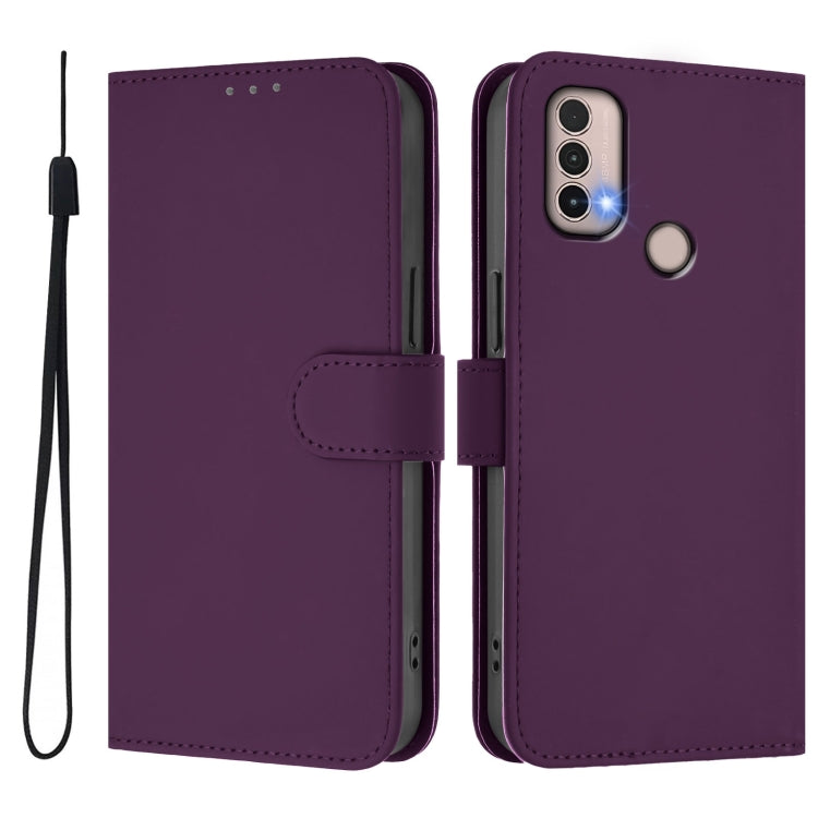 For Motorola Moto E20 / E30 / E40 Skin Feel Solid Color Leather Phone Case with Lanyard