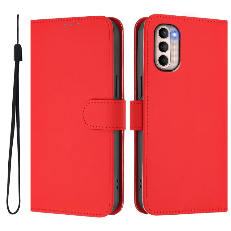 For Motorola Moto G31 4G Global Skin Feel Solid Color Leather Phone Case with Lanyard