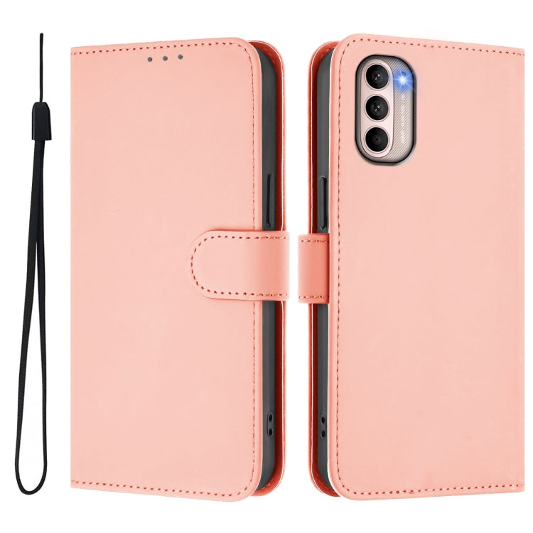 For Motorola Moto G31 4G Global Skin Feel Solid Color Leather Phone Case with Lanyard