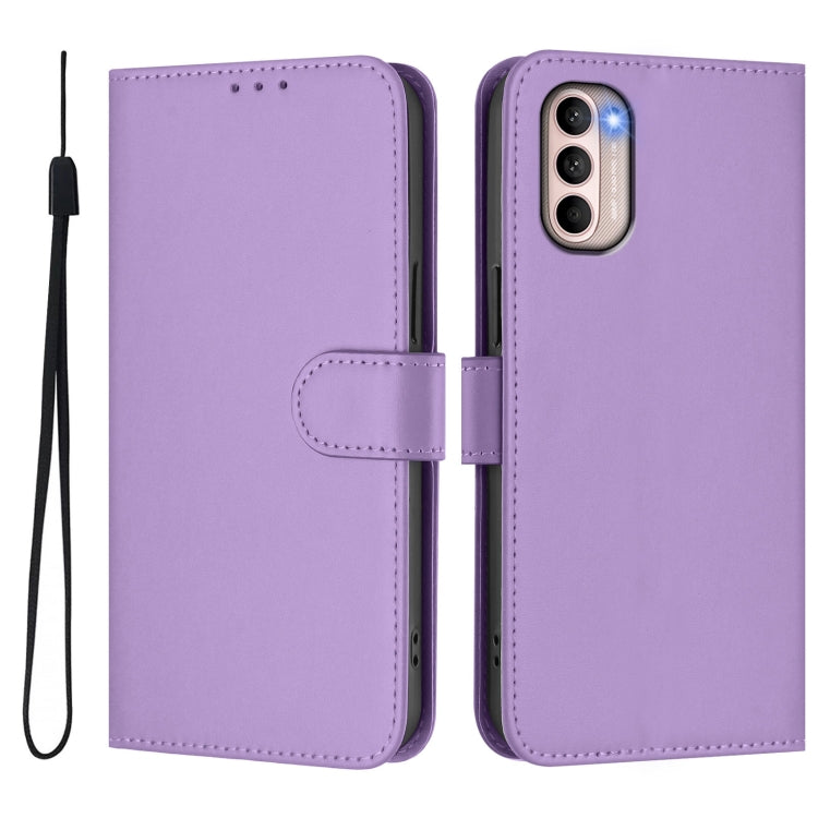 For Motorola Moto G31 4G Global Skin Feel Solid Color Leather Phone Case with Lanyard