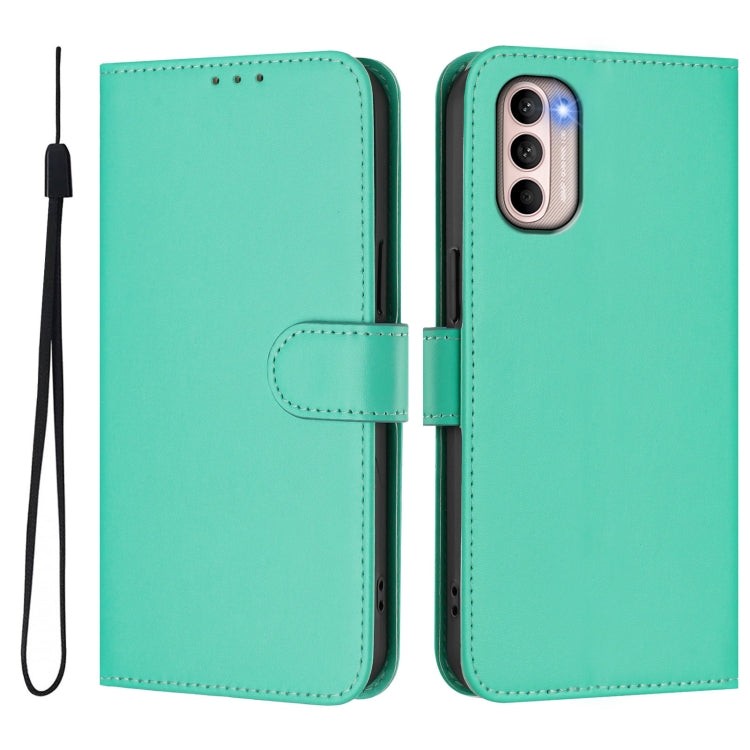 For Motorola Moto G31 4G Global Skin Feel Solid Color Leather Phone Case with Lanyard