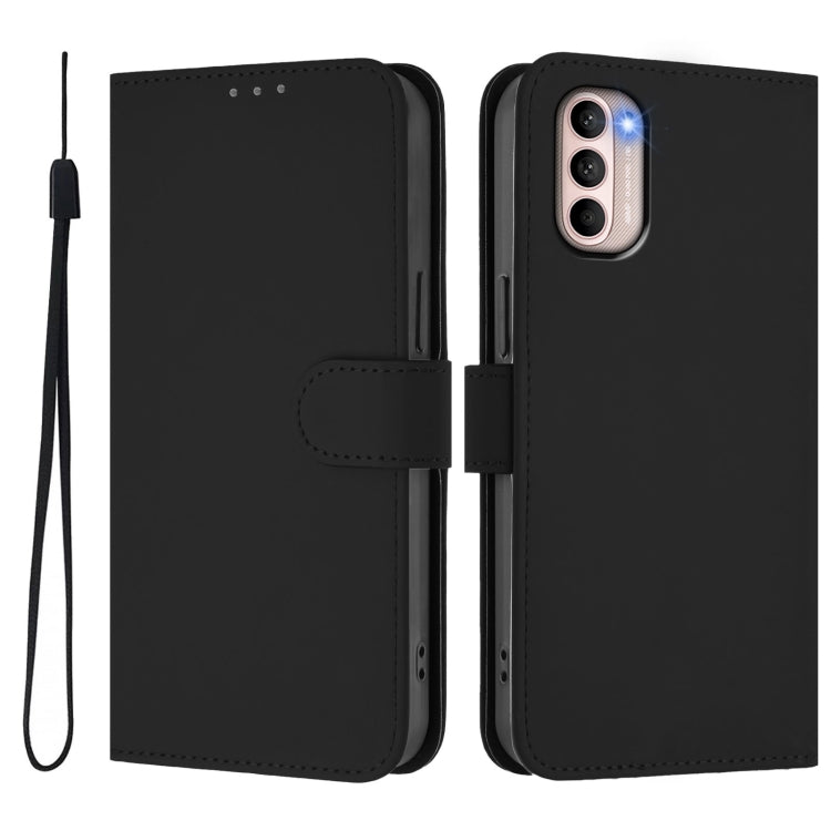For Motorola Moto G31 4G Global Skin Feel Solid Color Leather Phone Case with Lanyard