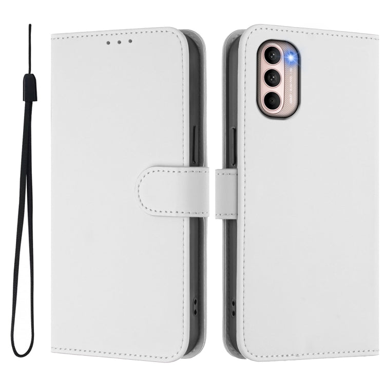 For Motorola Moto G31 4G Global Skin Feel Solid Color Leather Phone Case with Lanyard