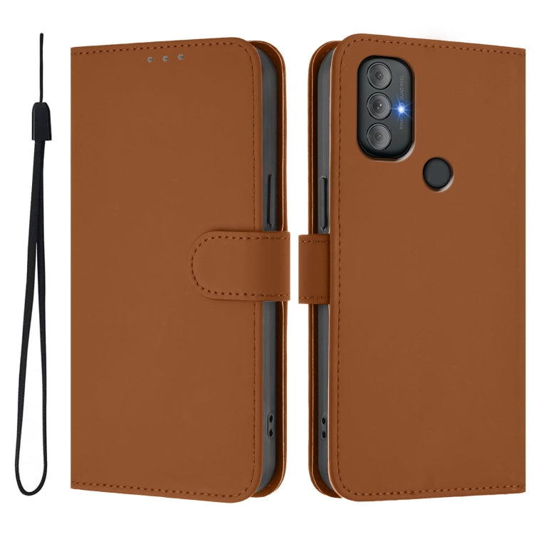For Motorola Moto G Power 2022 Skin Feel Solid Color Leather Phone Case with Lanyard