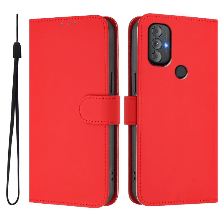For Motorola Moto G Power 2022 Skin Feel Solid Color Leather Phone Case with Lanyard