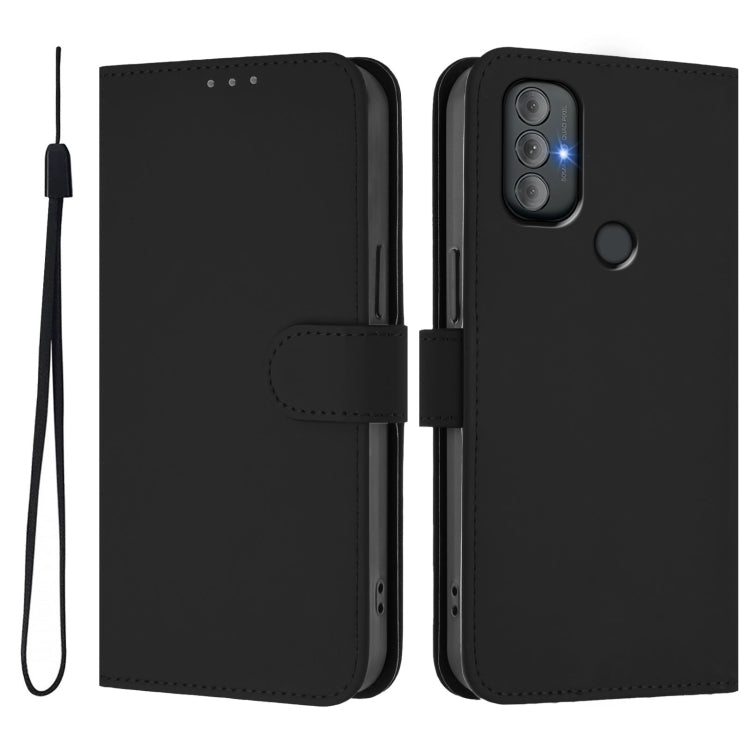 For Motorola Moto G Power 2022 Skin Feel Solid Color Leather Phone Case with Lanyard