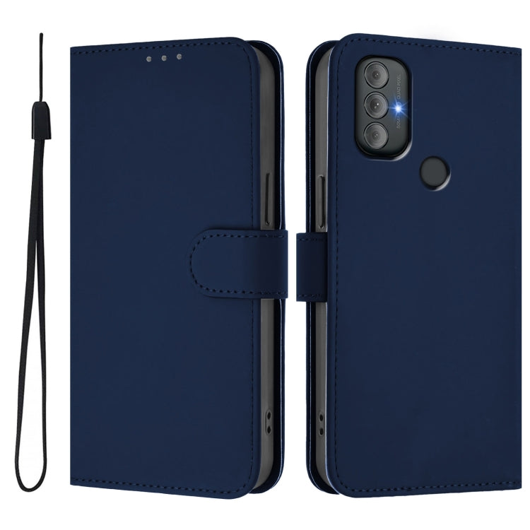 For Motorola Moto G Power 2022 Skin Feel Solid Color Leather Phone Case with Lanyard